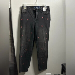 Hollister Women Black Denim Floral Curvy High-rise Mom Jean Size 5L Vintage